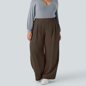 NEW HALARA 1X DARK EARTHY BROWN LINEN FEEL HIGH WAIST WIDE LEG POCKETS PANTS